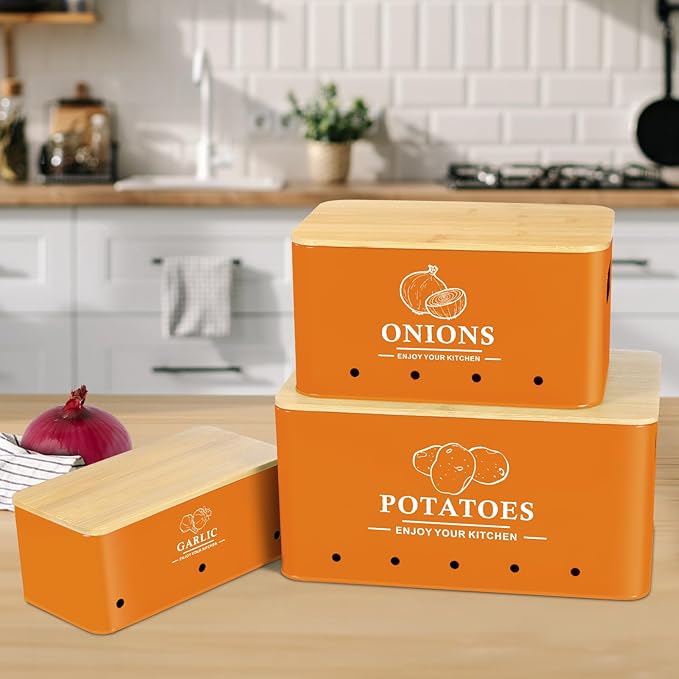 Kitchen Vegetable Storage Set of 3, Metal Onion Garlic Potato Storage Set, Kitchen Canisters Vegetable Keeper Containers with Aerating Holes and Bamboo Lid,Orange