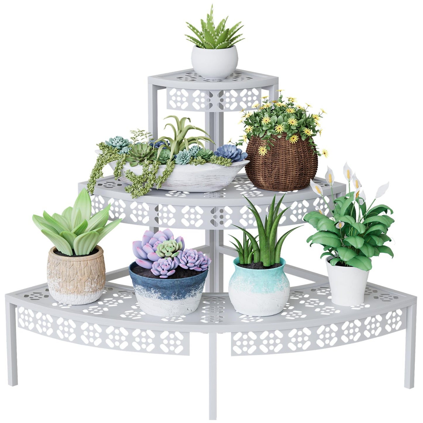 3 Tier Plant Stand Semi-Circular Flower Pot Organizer Rack Quarter Round Plant Display Holder Outdoor Storage Shelves Metal Corner Shelf Planter Shelving Ladder Plant Stand for Indoor Use(White)