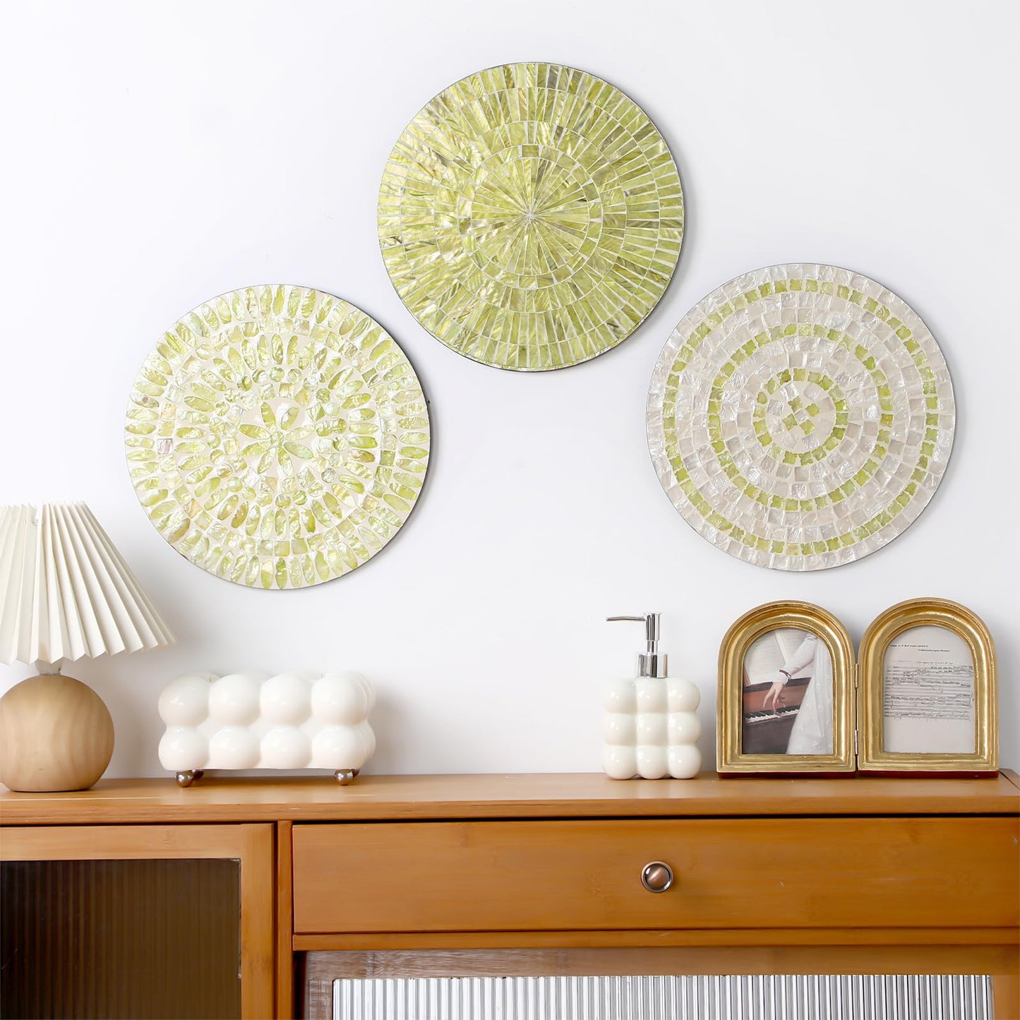 Tioncy 3 Pcs 11.8 Inches Spring Lime Green Mother of Pearl Shell Plate Lime Green Wall Art Mosaic Wall Sculpture Shell Handmade Hanging Plates Arts for Bedroom Bathroom Home Office Hotel