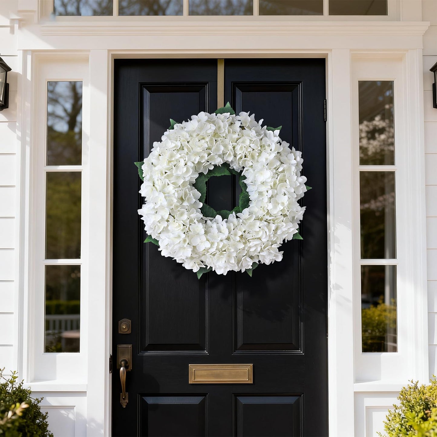 Artificial Hydrangea Wreath for Front Door, 21" Spring Summer White Flower Wreath, Fuax Hydrangeas Leaves for Home Mantel Wall Farmhouse Decor
