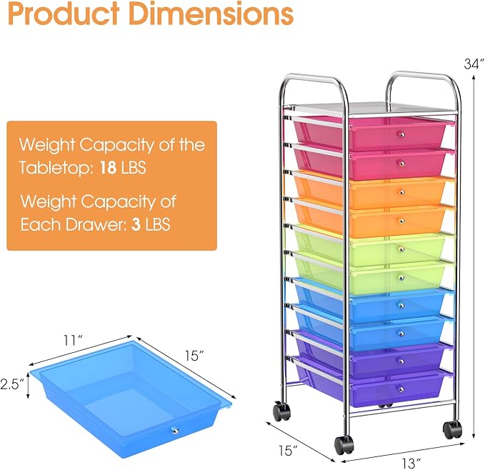 MEDIMALL 10 Drawers Rolling Storage Cart, Multipurpose Craft Storage Cart with Wheels, Mobile Tools Scrapbook Paper Organizer Cart for Office School Home Use (Rainbow)