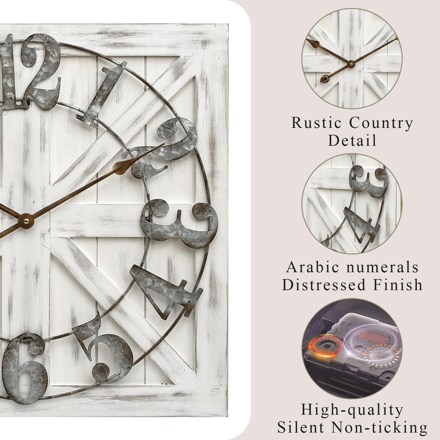 EMAX HOME Large Farmhouse Wall Clock – 24 Inch White Square Rustic Wooden Clock with Decorative Reversible Wooden Sign, Perfect for Any Space and Ideal Gift