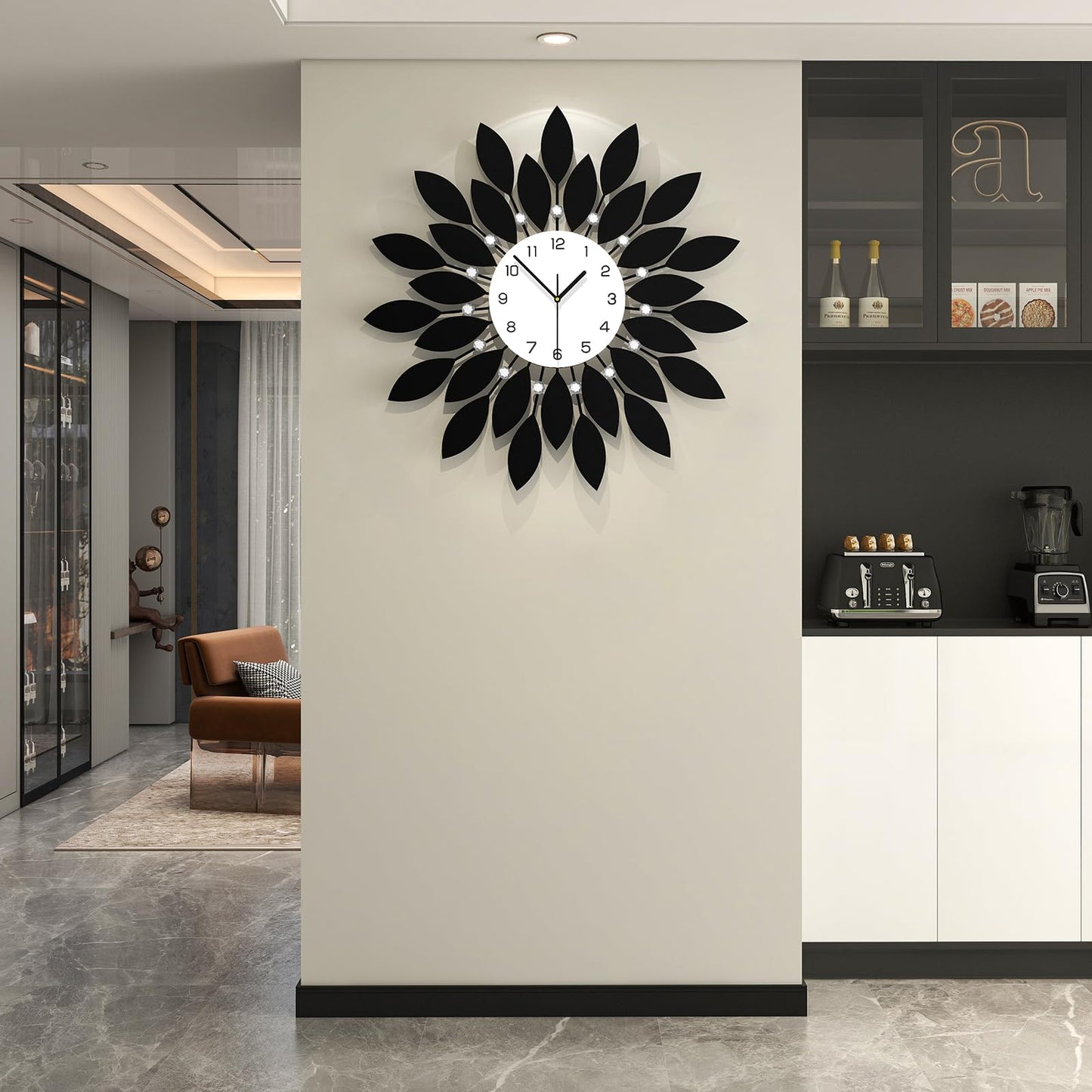 FLEBLE Large Wall Clocks for Living Room Decor Modern Wall Clock Decorative Silent Non-Ticking 24 Inch Round Black Metal Crystals Clock for Office, Home, Bathroom, Kitchen, Bedroom or Entryway