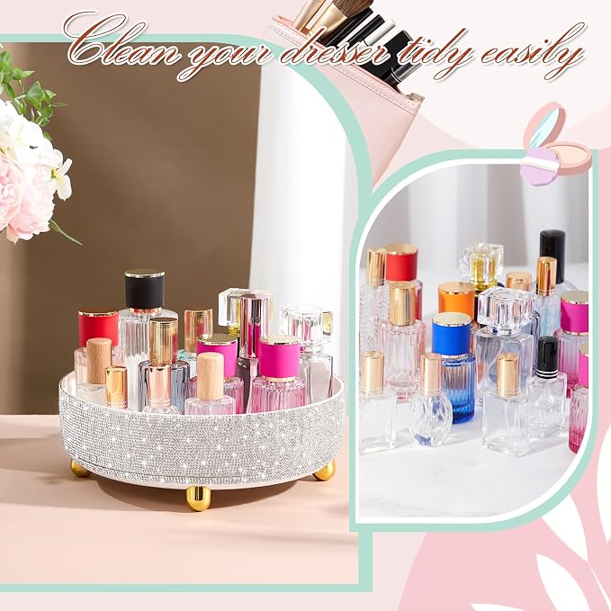Honeydak Bling Perfume Makeup Organizer Bling Mother's Day Nurses Day Gifts for Women Bathroom Organizers and Storage 360 Rotating Makeup Organizer for Countertop(1 Tier,Rhinestone,White)