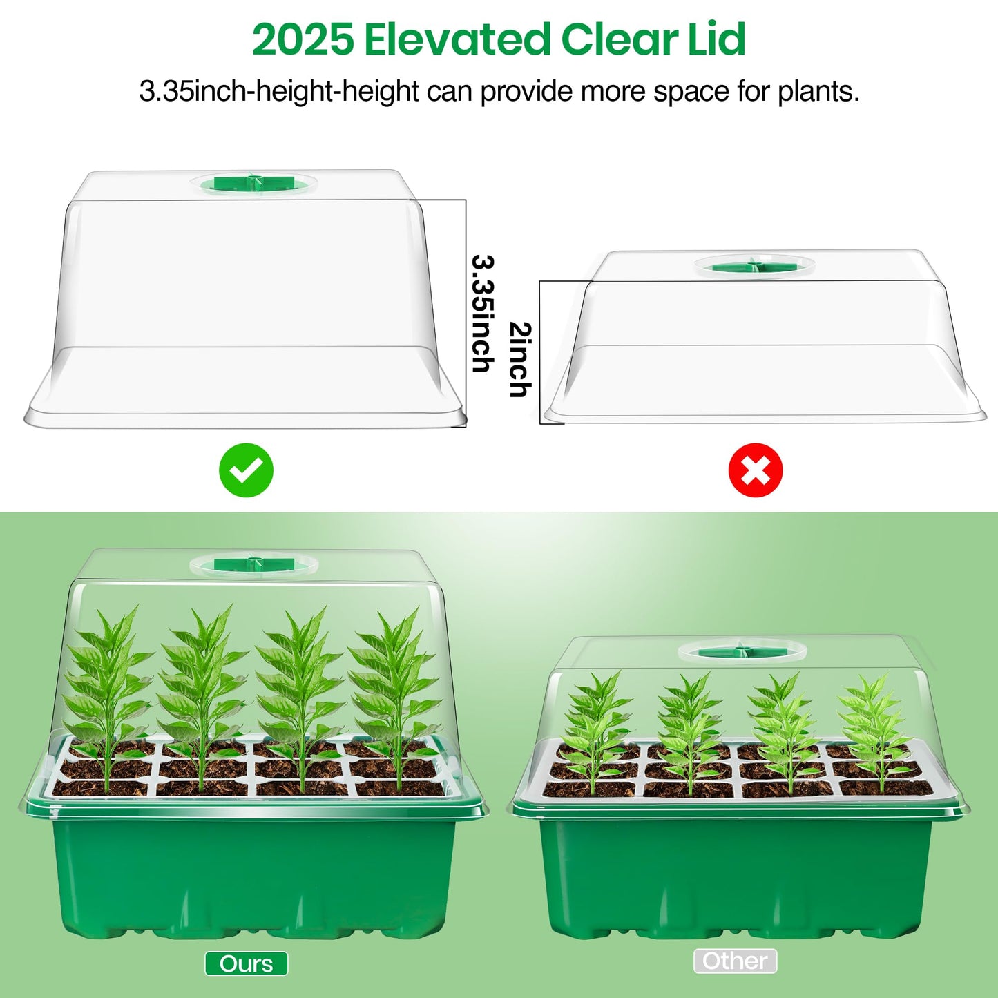Bonviee 10 Packs Seed Starter Tray with Elevated Lid, 120 Cells Thicken Seed Starting Trays Kit with Adjustable Humidity Vent, Clear Cell Tray and Heightened Lids for Greenhouse & Gardens, Green