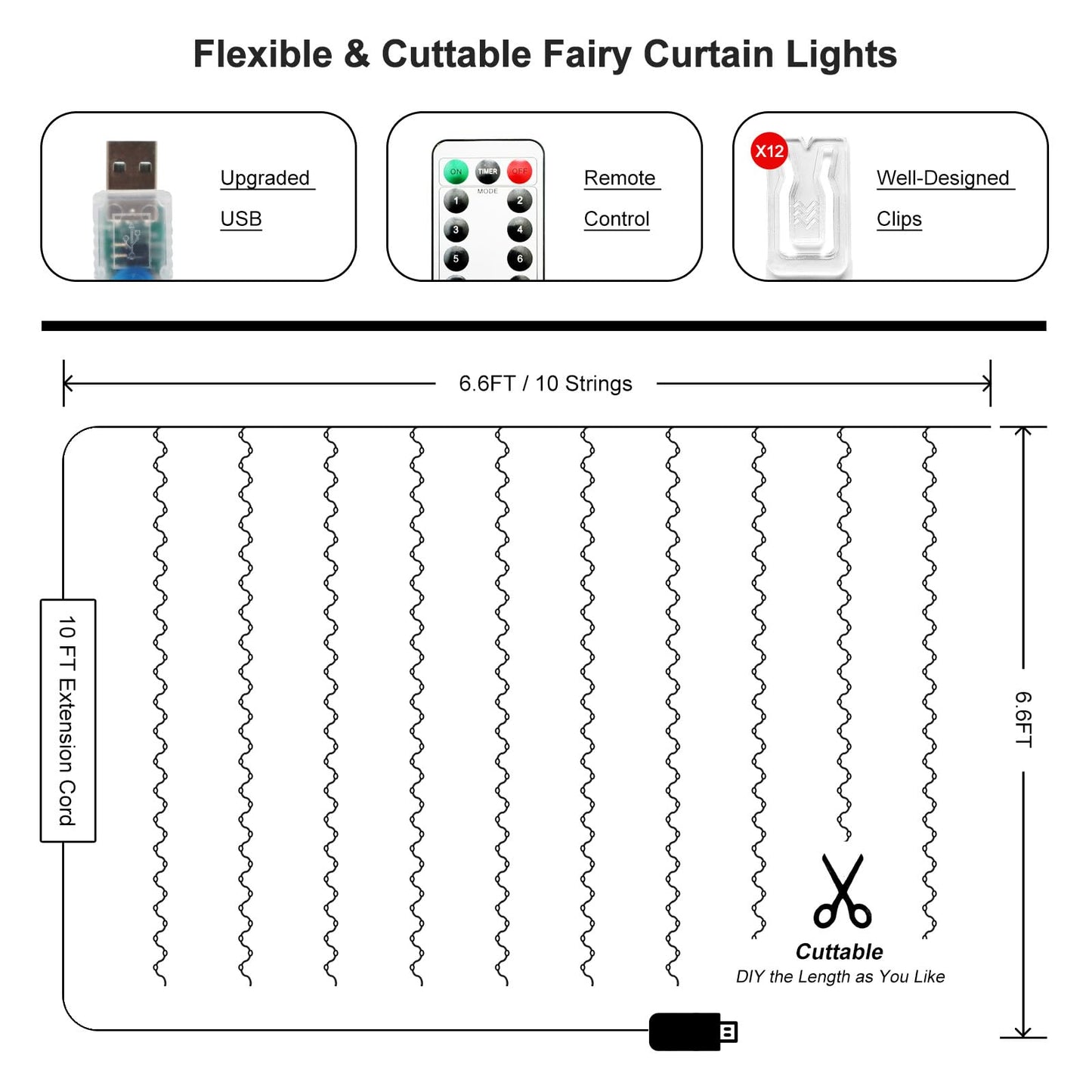 HOLITS 200 LED Fairy Curtain Lights, 6.6 x 6.6 FT Warm White USB Plug in 8 Modes Hanging Lights with Remote for Christmas, Bedroom, Indoor, Outdoor, Weddings, Party (Warm White)