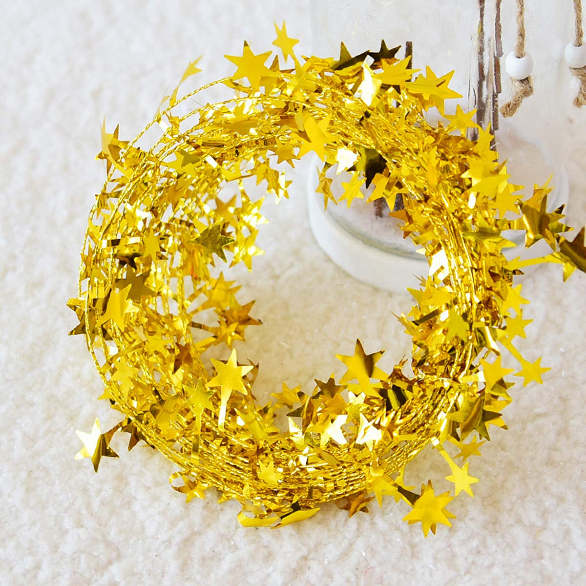 75 Feet Star Tinsel Garlands with Wire, Christmas Star Wire Garland Decorations for Xmas Tree Home Wedding Birtahday Party Festive Ornament, Golden, 3 Pack