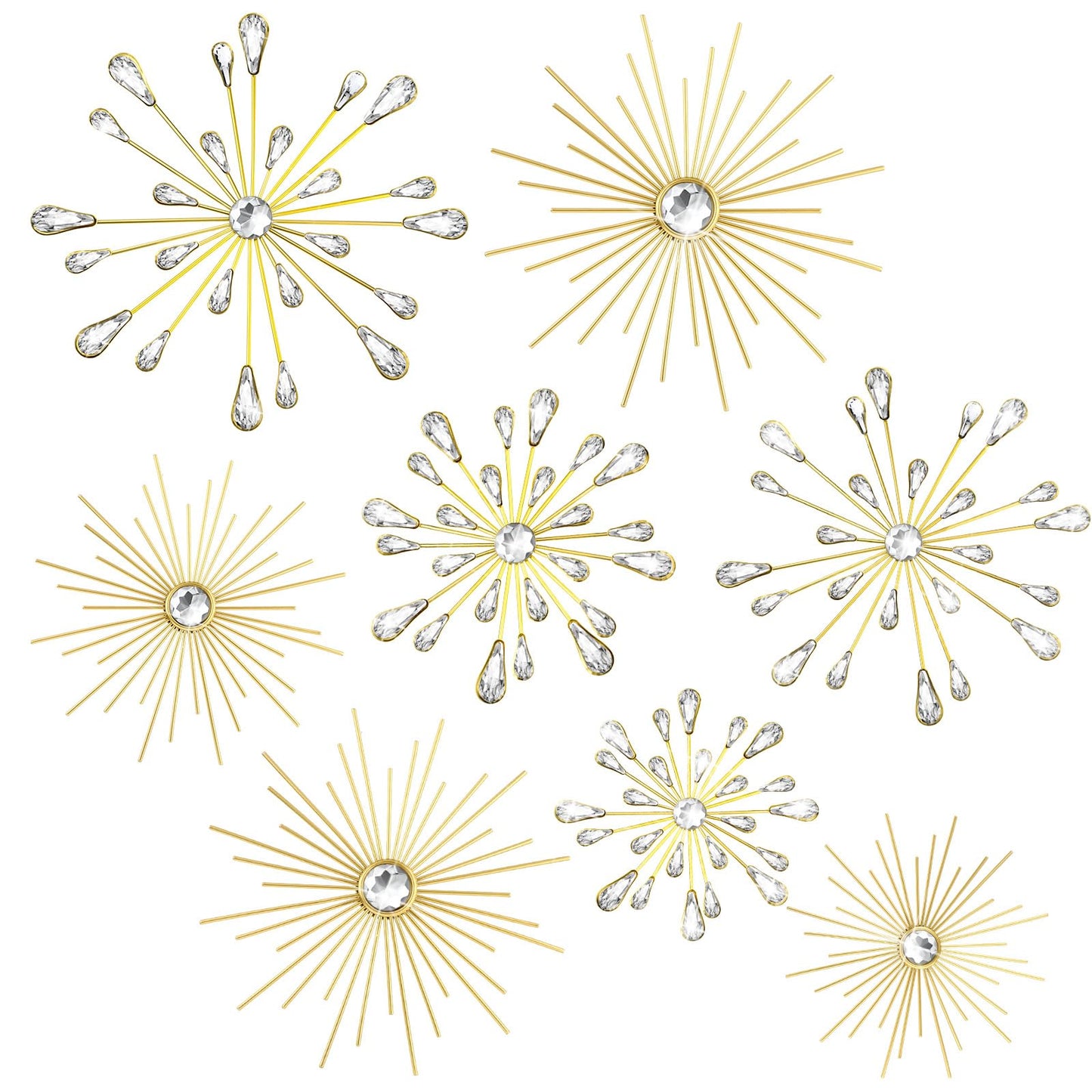 Blulu 8 Pcs Gold Metal Wall Art Cast Iron Starburst Wall Decor Bling Crystal Sculptures Living Room 3D Teardrop Radial Rhinestone Hanging Diamond Accents for Home Office Bedroom Entryway