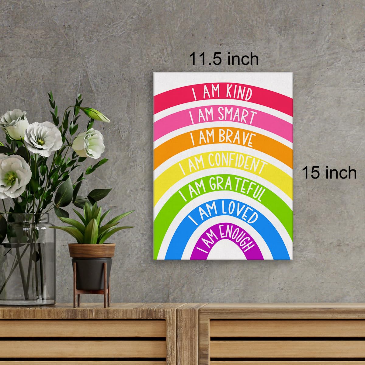 Rainbow Kids Affirmations Wall Art Canvas Painting Print Framed I Am Kind Smart Loved Artwork Canvas Sign for Nursery Decor (12x15 Inch)