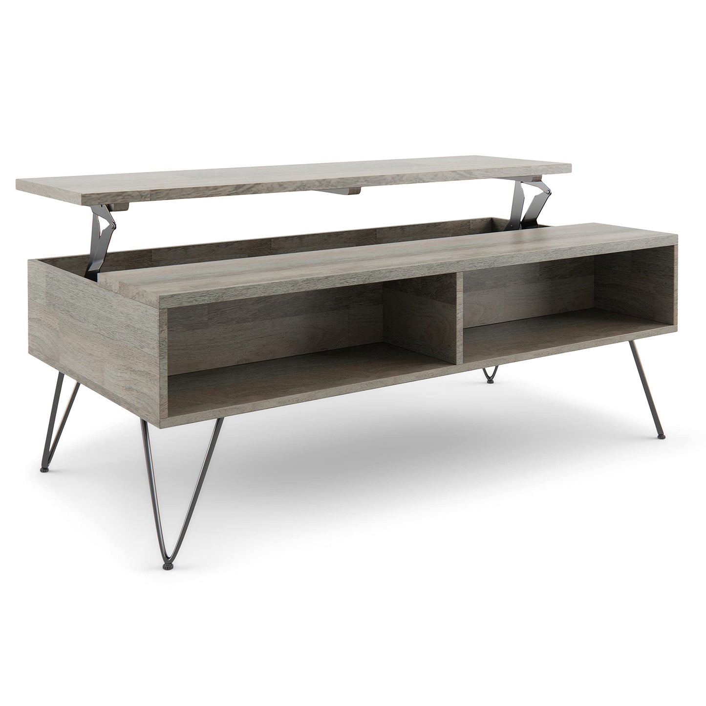 SIMPLIHOME Hunter SOLID MANGO WOOD and Metal 48 inch Wide Rectangle Industrial Lift Top Coffee Table in Grey for the Living Room and Family Room