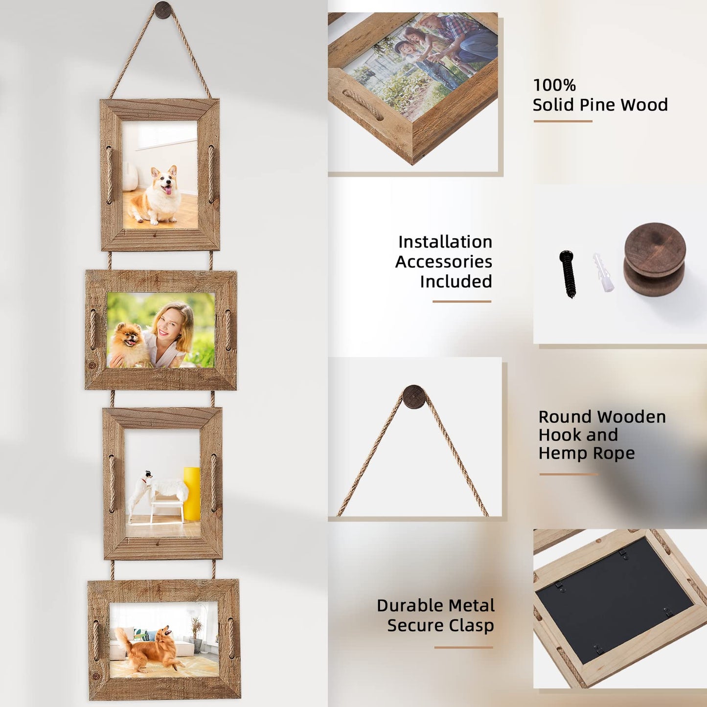 ABSWHLM 5x7 Picture Frames Rustic Solid Wood Hanging Picture Frames 4 Opening Photo Frame Display 4"x6" Pictures with Mat or 5"x7" Without Mat, 2 Pack Weathered Brown