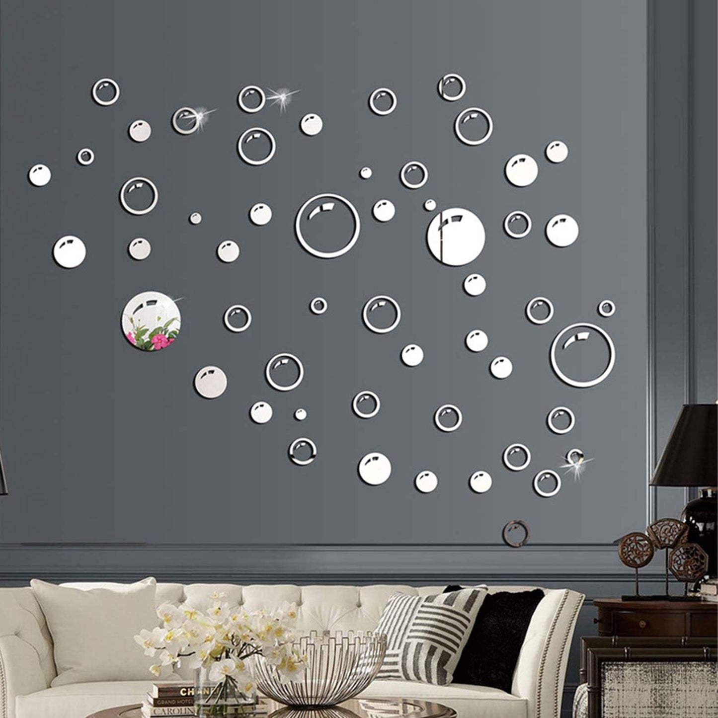 58-Pack Silver Acrylic Mirror Bubble Circle Wall Sticker Decals DIY 8-Pack Acrylic Mirror Wall Decals