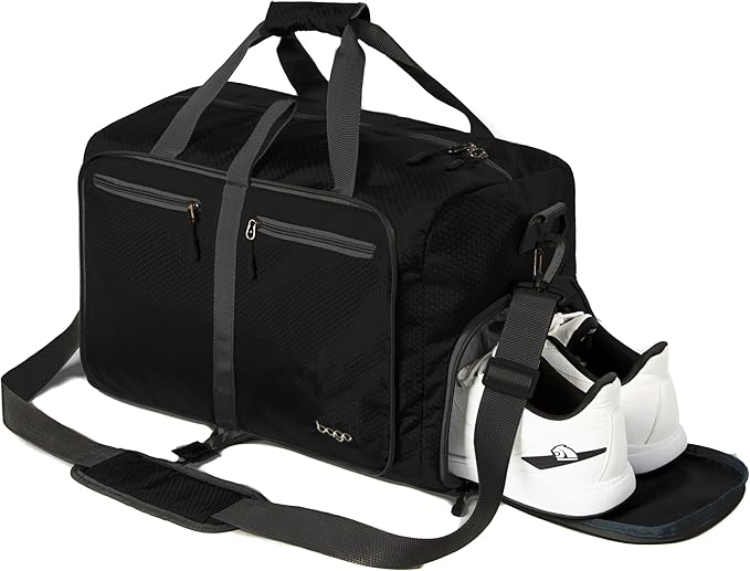 Bago Large Foldable Duffel Bags for Traveling Women & Men - 80L Packable Duffle Bag for Travel with Shoe Compartment - Water Repellant, Heavy Duty, Lightweight Folding & Collapsible (All Black)