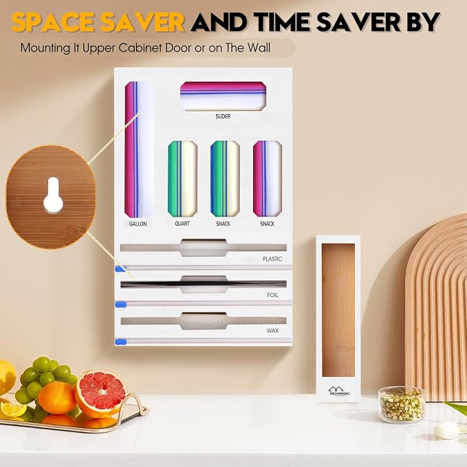 9 in 1 Foil and Plastic Wrap Dispenser with Cutter, White Bamboo Ziplock Bag Organizer for Drawer - Holds Gallon, Quart Bags & Aluminum Foil/Wax Paper, Wall Mountable Kitchen Storage