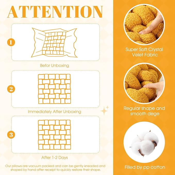 Wenqik 2 Pcs Knot Pillows Square Knotted Plush Throws Soft Accent Pillows Decoration Cushion for Couch Home Office Living Room Bedroom Bed Sofa Decor, 12'' x 13''(Ginger Yellow,Lambswool)
