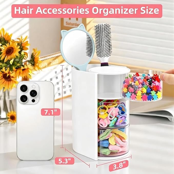 Hair Accessories Organizer with Hair Brush Holder, Rotatable Makeup Brush and Jewelry Storage Box for Hair Clips, Earrings, Necklaces, Bracelets, Rings, and Daily Accessories (White, 3-Layer)