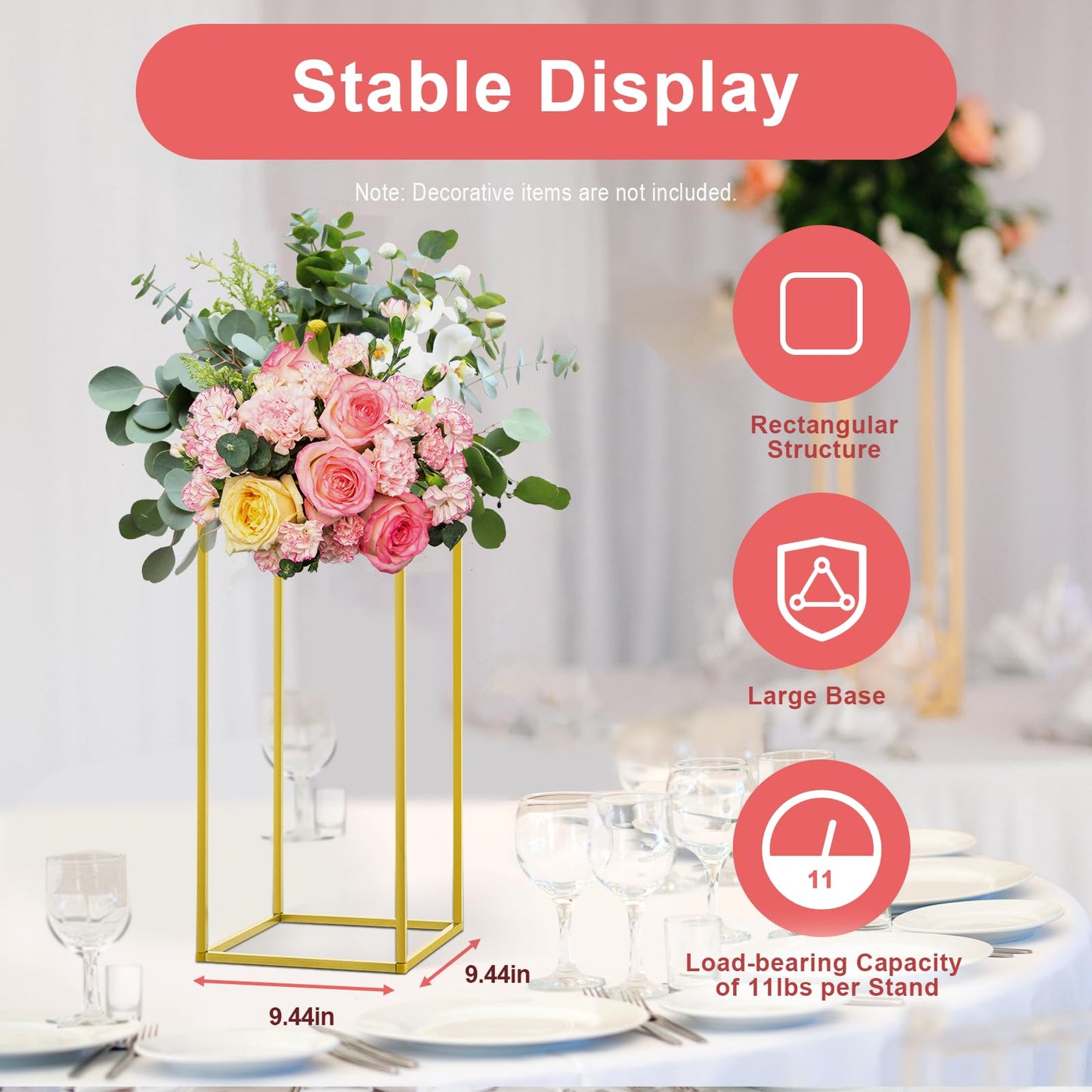 10 PCS 23.6inch Gold Column Wedding Flower Stand, Flower Floor Vase Display Rack, Wedding Centerpiece Flower Vase for Table, Tall Flower Holder for Home Party Wedding Decorations