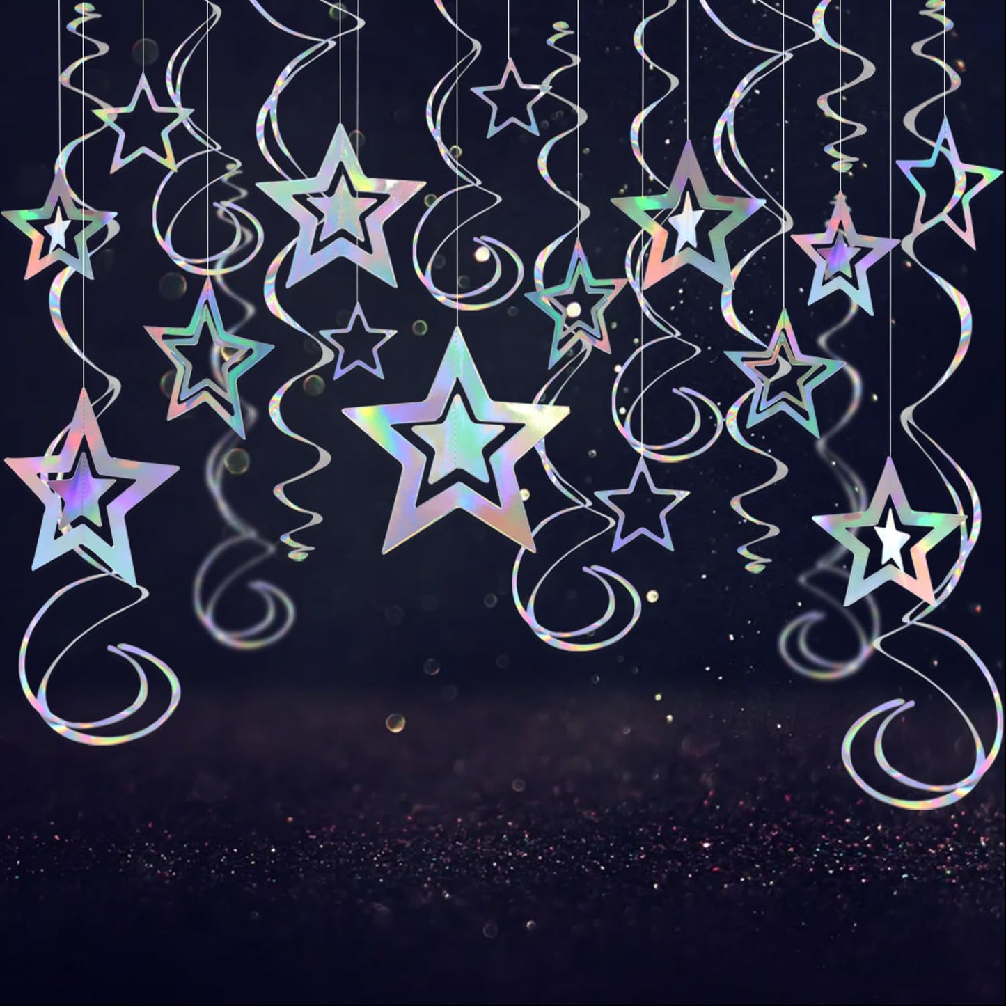 Iridescent 3D Hollow Star Garland with Holographic Foil Hanging Swirl Decorations Holographic Star Ornaments Bunting Banner Streamer for Birthday Baby Shower Wedding Ramadan EID Party Decor