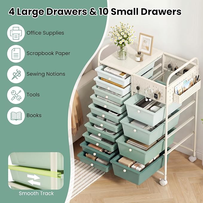 GOFLAME 14-Drawer Rolling Storage Cart with Pegboard, Craft Storage Cart with Lockable Wheels and Metal Frame, Art Cart Supply Storage Organizer for Home Office Classroom, Green Gradient