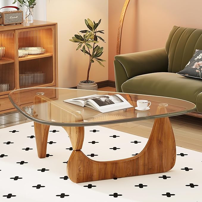 Coffee Table for Living Room Mid Century Modern Center Table with Glass Top and Wood,36 Inch, Transparent/Walnut