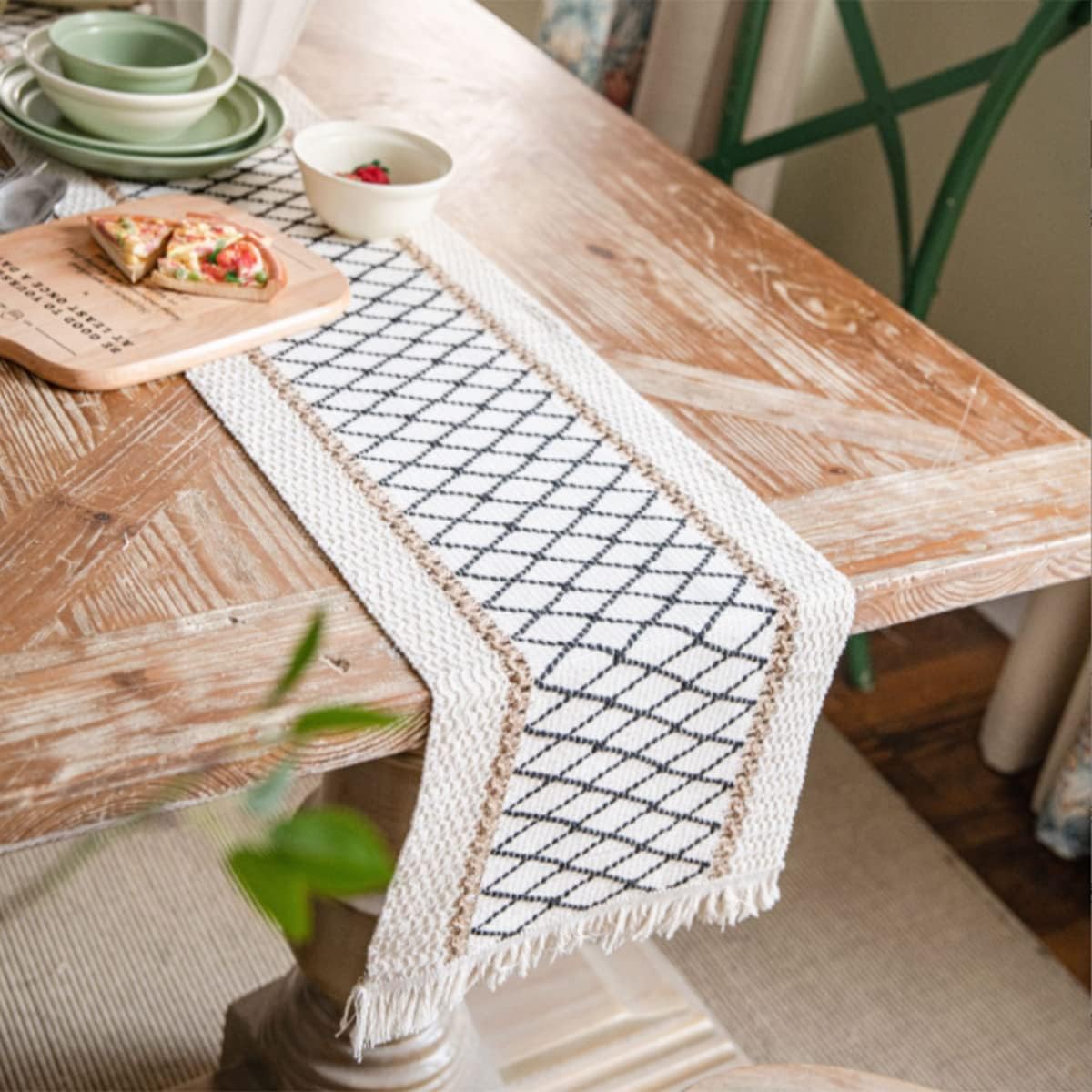 Table Runner, Boho Table Runner Cotton Linen Table Decorations, Farmhouse Table Runners with Tassels for Bohemian Wedding Bridal Shower Rustic Home Dining Table (Black/Grid/12x72)
