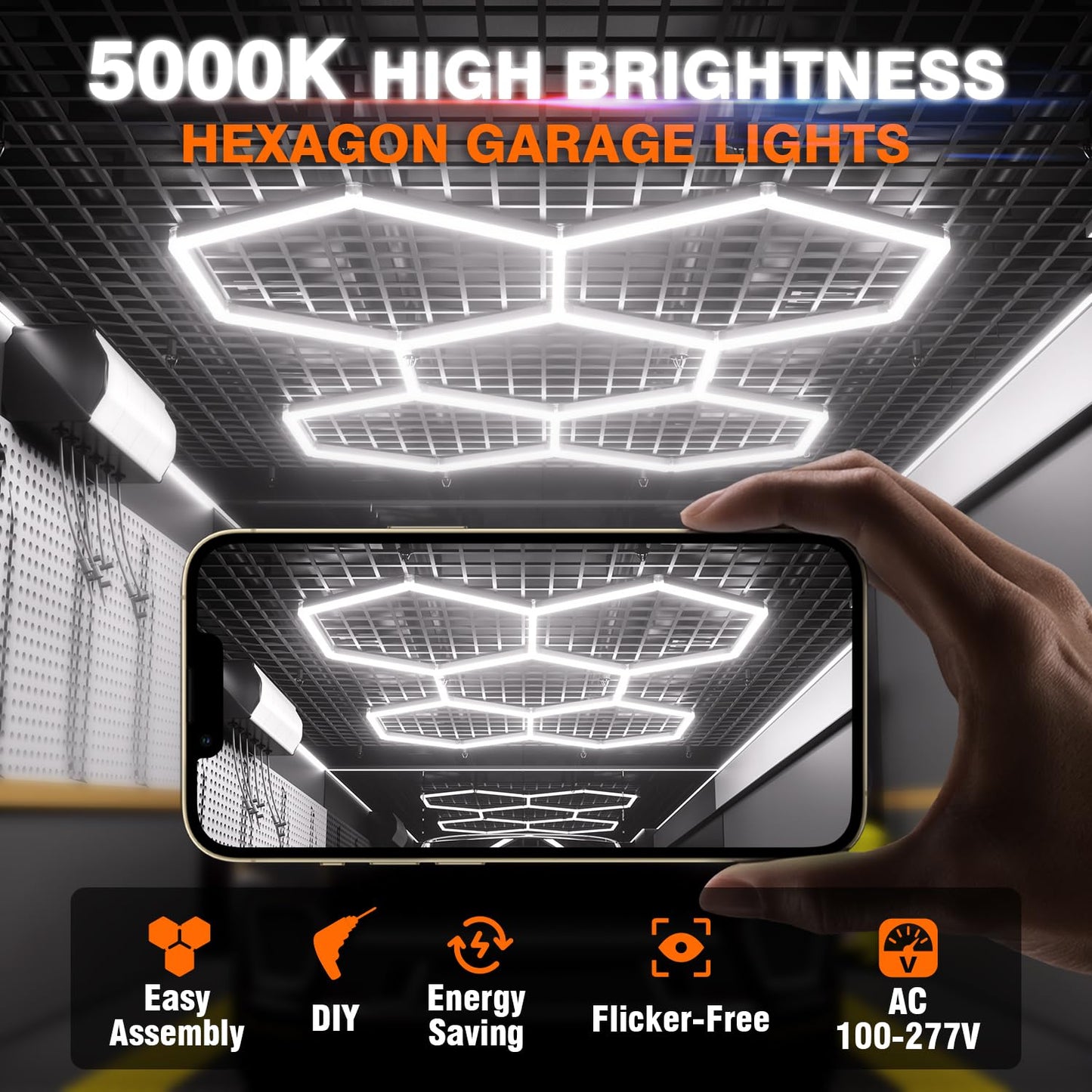 Litezone Hexagon Garage Lights, 5-HEX 240W 5000K Daylight Garage LED Lights, Modular Honeycomb Shop Light for Detailing, Workshop, Home Gym, Warehouse, DIY Workspace