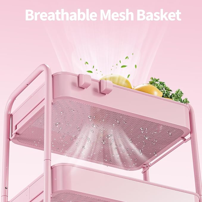 TOOLF 4-Tier Rolling Cart - Metal Storage Organizer with Lockable Wheels, 44 lbs Per Shelf Capacity, Tool-Free Assembly, for Kitchen Bathroom Office Laundry Room Nursery, Pink