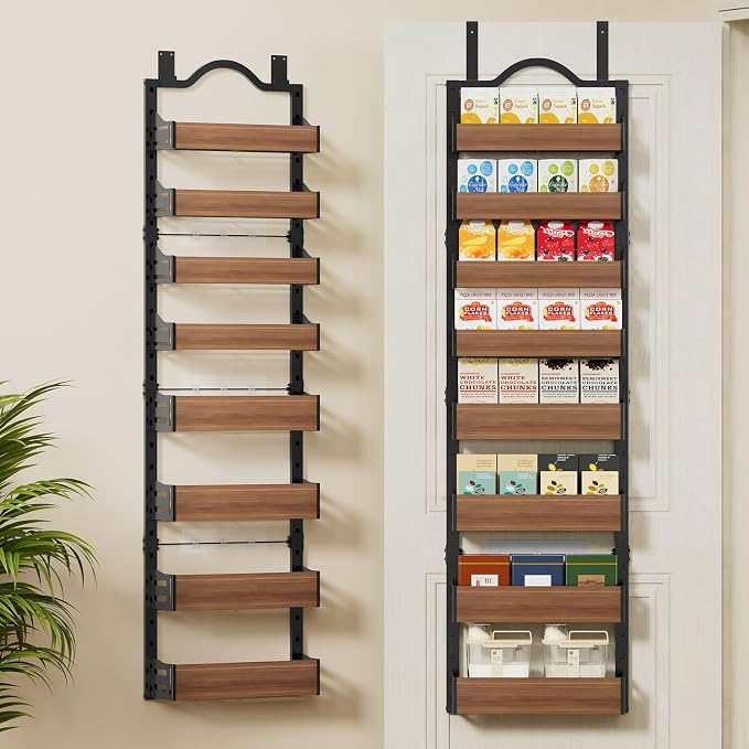 8-Tier Pantry Door Organizer, Over the Door Pantry Organizer with Wooden Adjustable Baskets, 2 IN 1 Spice Rack Wall Mount or Door Organizer, Door Spice Rack（12.4"W x 5.5"D x 66.1"H,1 Pack, Black)