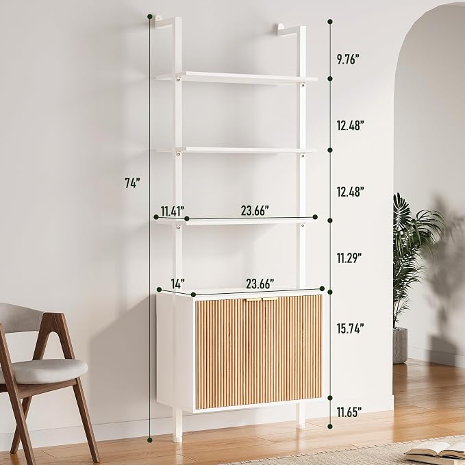 INNOD 74" Tall Bookshelf with Storage Cabinet, Modern Ladder Shelf with Wood and Metal Frame, Wall Mount Bookcase Open Display Shelf Furniture for Living Room, Bedroom, Home Office, White and Oak