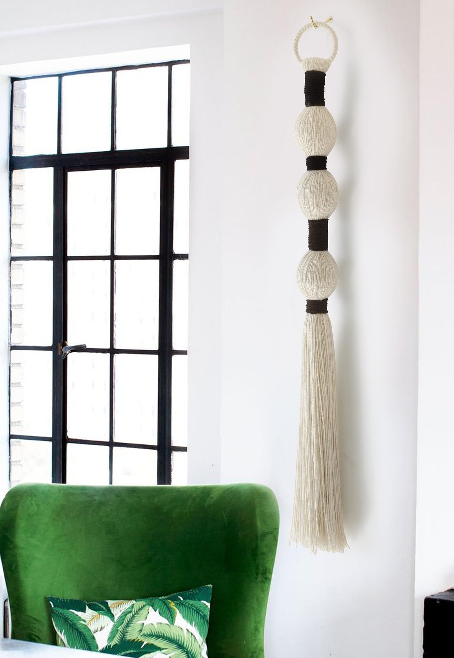 IOWER Macrame Wall Hanging Boho Wall Decor Small Sphericity Cotton Textile Tassel Hanging Fiber Yarn Art for Living Room Bedroom 27'' L x 2.3'' W