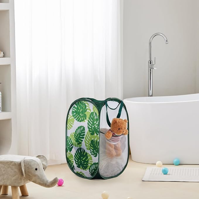 TECHMILLY Collapsible Mesh Pop Up Laundry Hamper with Sturdy Handles and Side Pocket - Portable Foldable Clothes Baskets for Dorm, Bathroom & Travel Storage (Green Leaf)