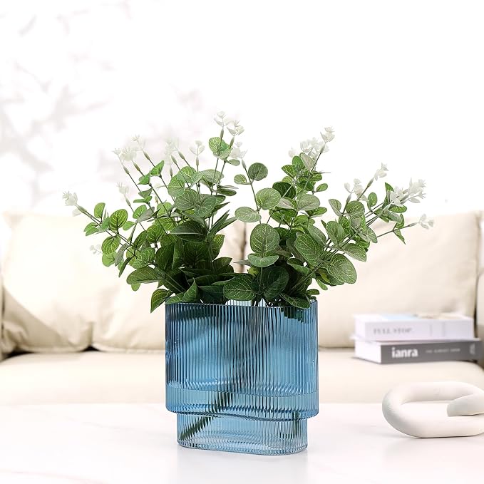 Ribbed Glass Vase, Blue Glass Vase, Fluted Short Vases for Flowers, Modern Vases for Living Room, Dining Room, Bathroom, Desk, Shelf, Wedding, Office, 7 Inches