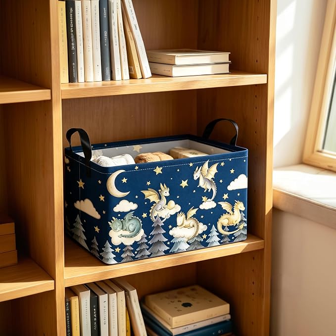 Rectangular Dragon Pattern Storage Bin, Decorative Canvas Laundry Basket with Dual Handles, Foldable Toy & Household Organizer, Multipurpose Party Gift Basket for Home Bedroom Dorm(Cute Dragon)