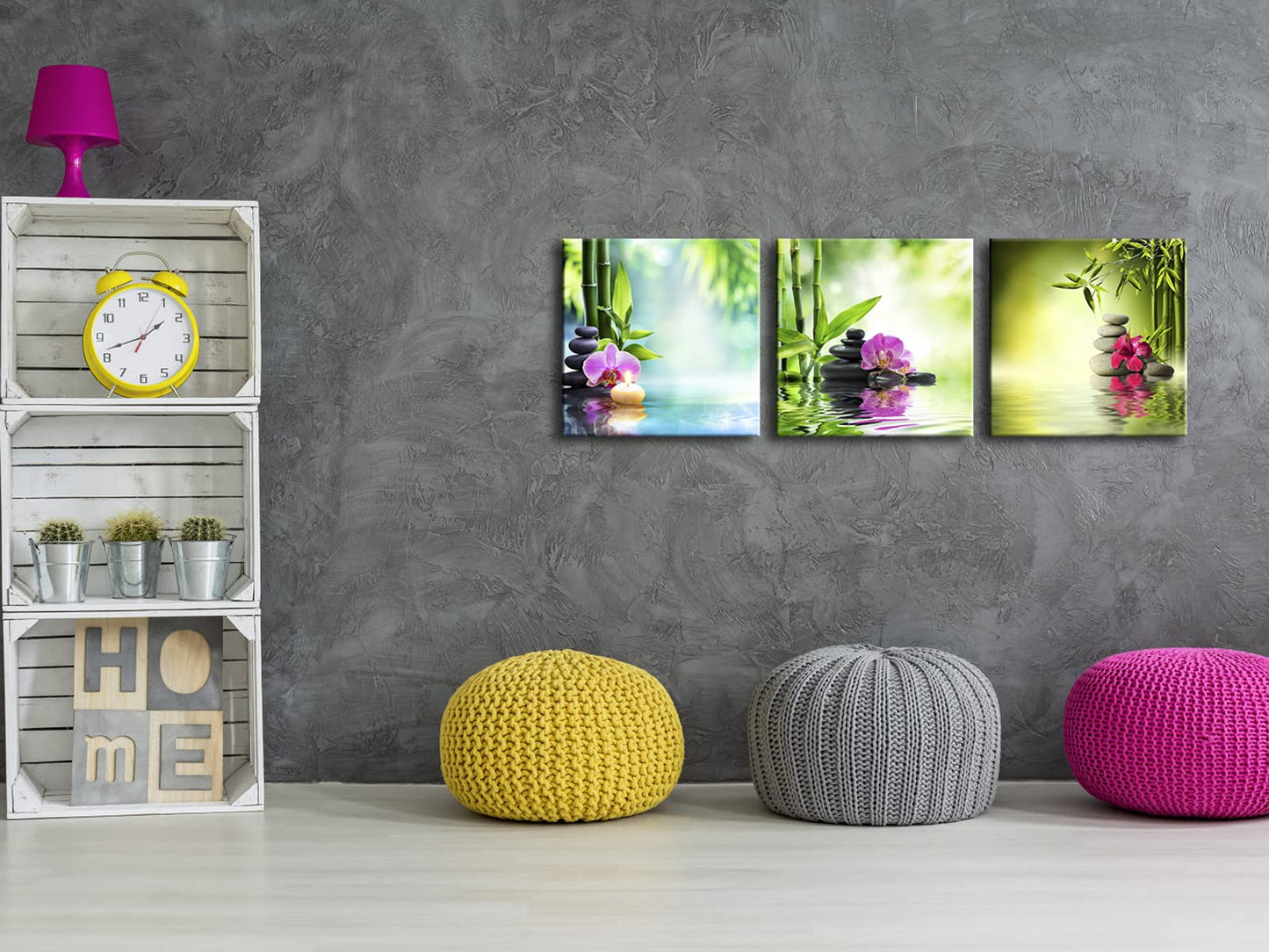 Pyradecor 3 Pieces Spa Zen Stone Canvas Wall Art Modern Romance Green Bamboo Pink Flowers Paintings Pictures for Living Room Bedroom Home Office Decoration