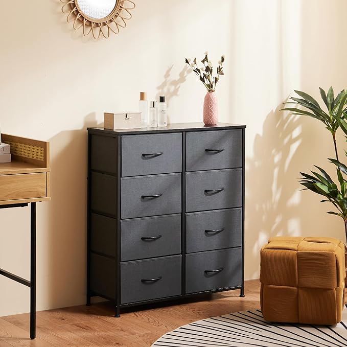 Sweetcrispy Dresser for Bedroom, Fabric Dresser with 8 Drawers, Chest of Drawers for Closet, Living Room, Sturdy Steel Frame, Wooden Top, Easy Pull Handle, Ash
