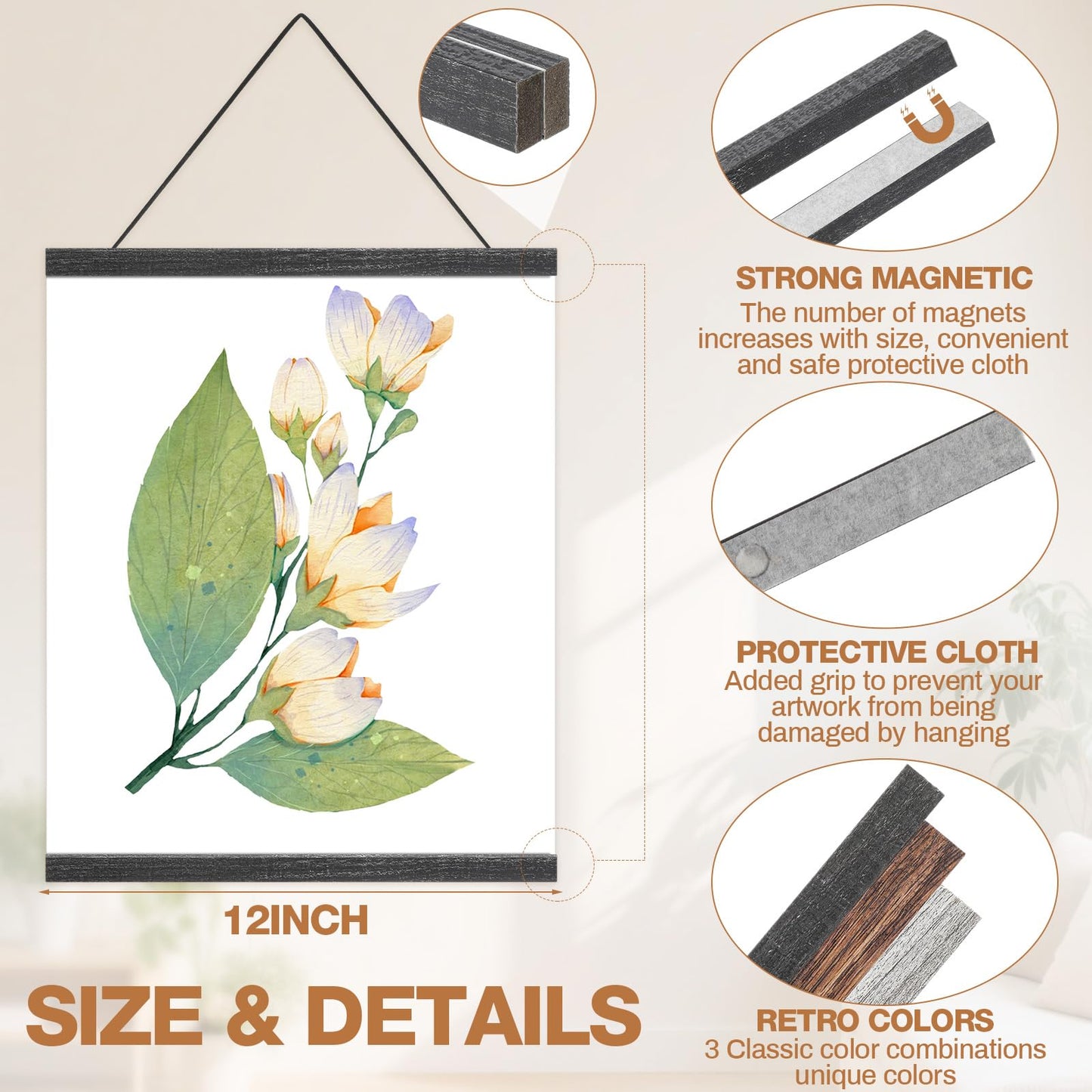 Qunclay 3 Pack Magnetic Poster Hanger Frame 12 Inch Black Gray Brown-12x18 12x24 12x22 12x20 Wood Magnet Frame for Posters, Picture, Print, Diamond Art, Cross Stitch, Canvas Artwork, Housewarming Gift