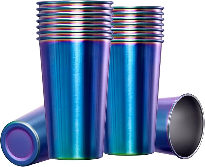 MEWAY 16 Pack 24oz Stainless Steel Pint Cup,Healthy Unbreakable and Stackable,Metal Drinking Glasses，Beer Glasses（Rainbow）
