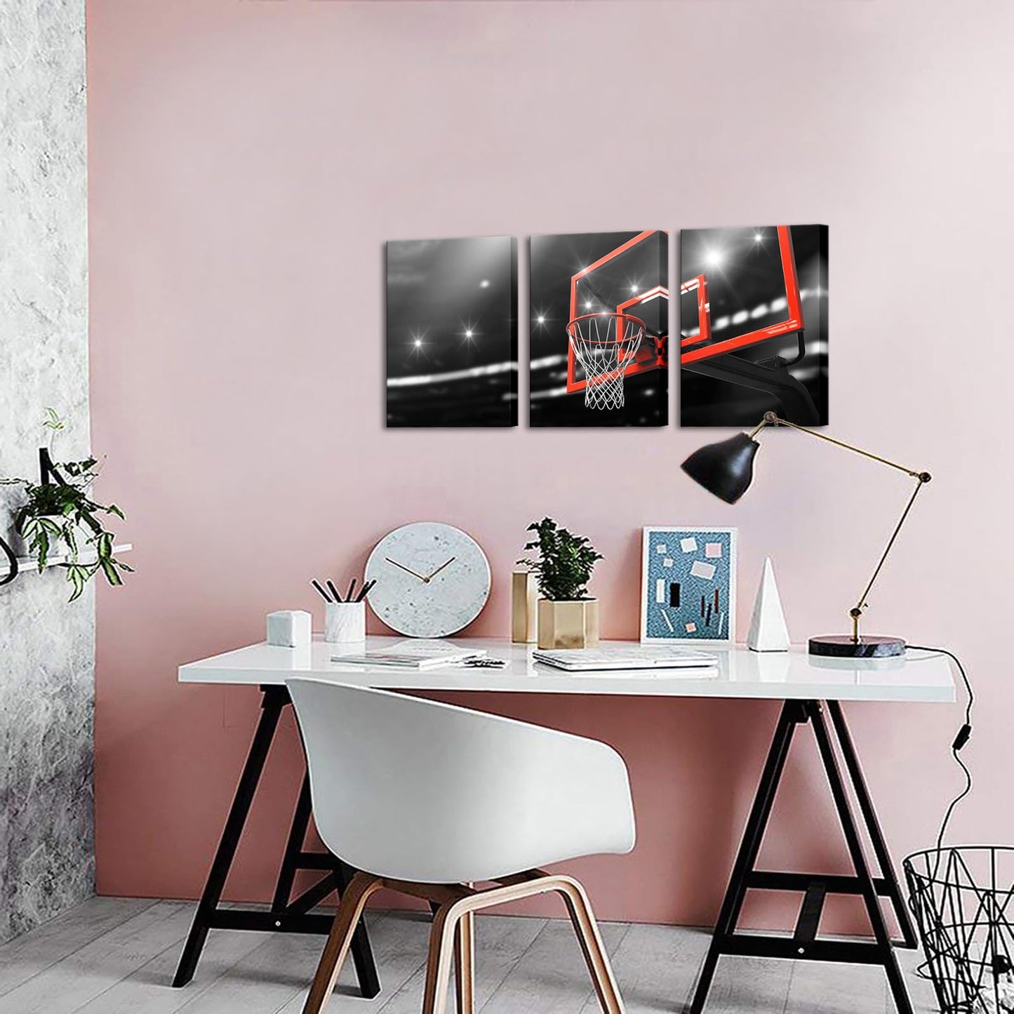 KLVOS 3 Pieces Basketball Wall Art Prints Black and White Red Basketball Hoop Poster Photograph Painting Sport Picture Canvas Art Boys Gift Modern Home Bedroom Gym Room Framed Decoration