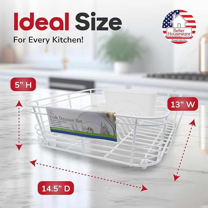 Better Houseware Dish Drying Rack, Space-Saving Dish Drainer Rack for Kitchen Counter, Kitchen Dish Strainer 2-Piece Set with Utensil Holder, White