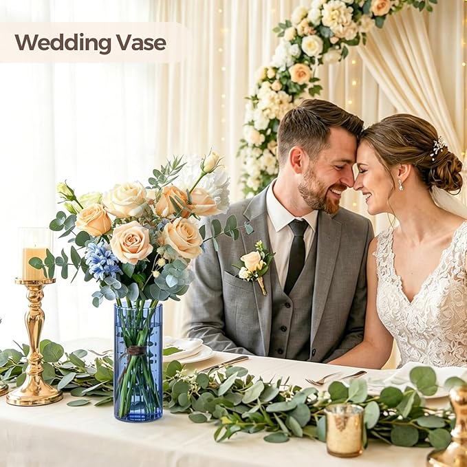 ComSaf Glass Cylinder Vases, Bud Vase for Centerpieces, 8 Inch Tall Ribbed Vase Hurricane Floating Candle Holder, Decorative Flower Vases for Wedding Reception, Home Decor, Housewarming Gift (Blue)