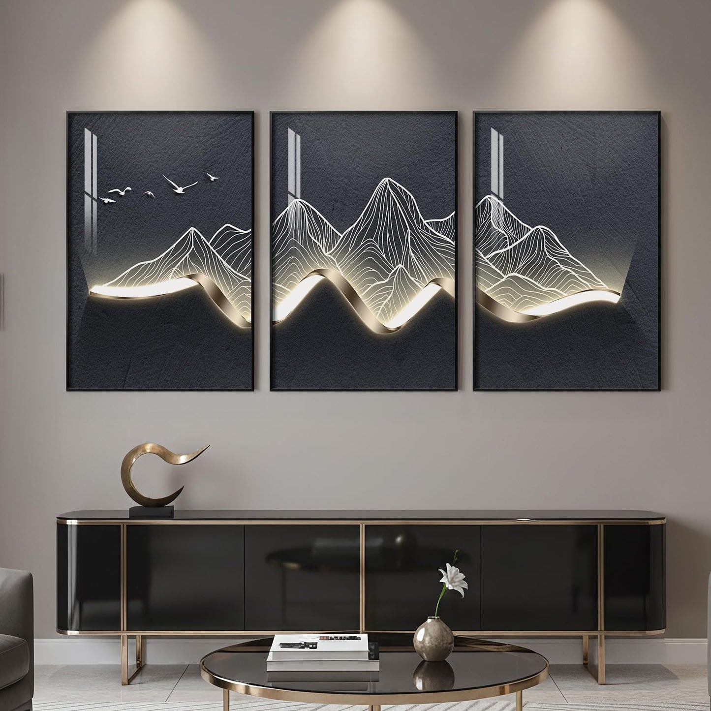 Large Framed Modern Abstract Mountain Wall Art for Living Room, 3 Piece Contemporary Minimalist Prints Paintings, Elegant Luxury Pictures for Entryway, Bedroom, Home Office Wall Decor 24x36 In