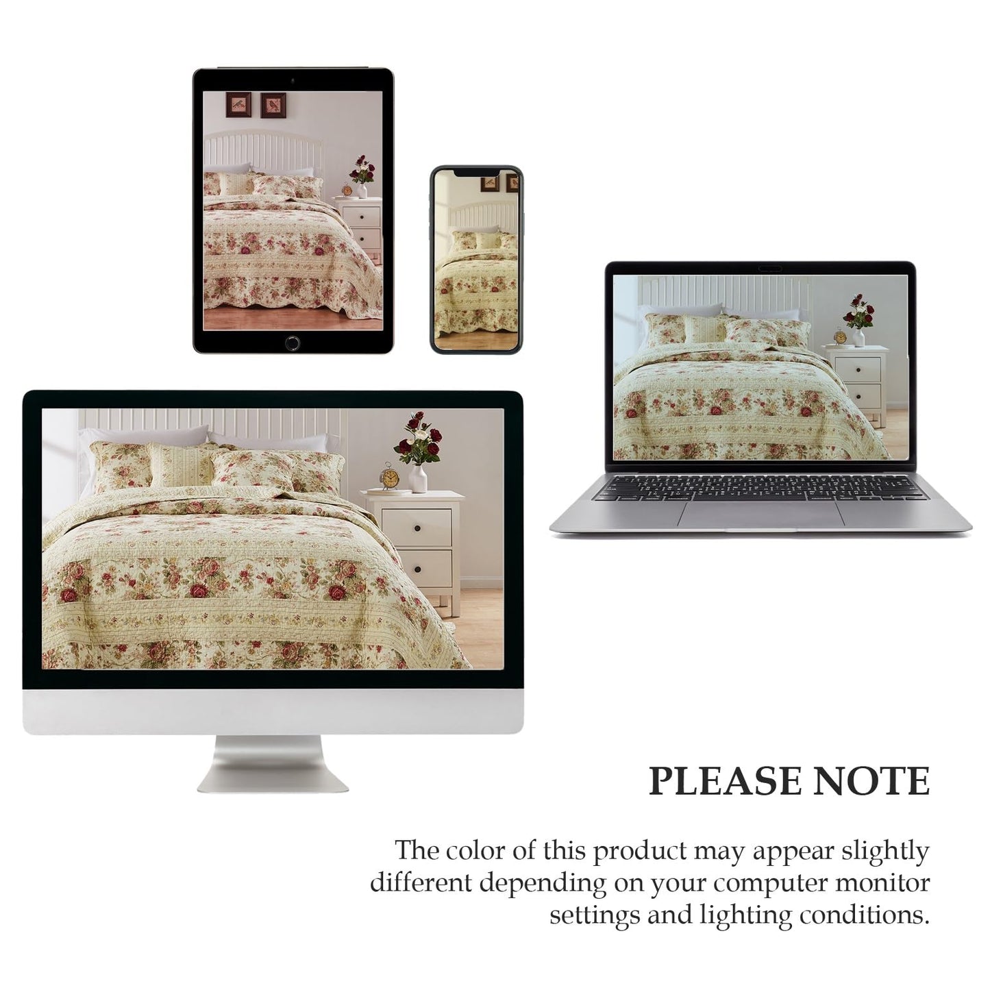 Greenland Home Fashions Antique Rose - Classic Traditional Floral - 100% Cotton Quilted Throw Blanket, 50 x 60 inches, Ecru