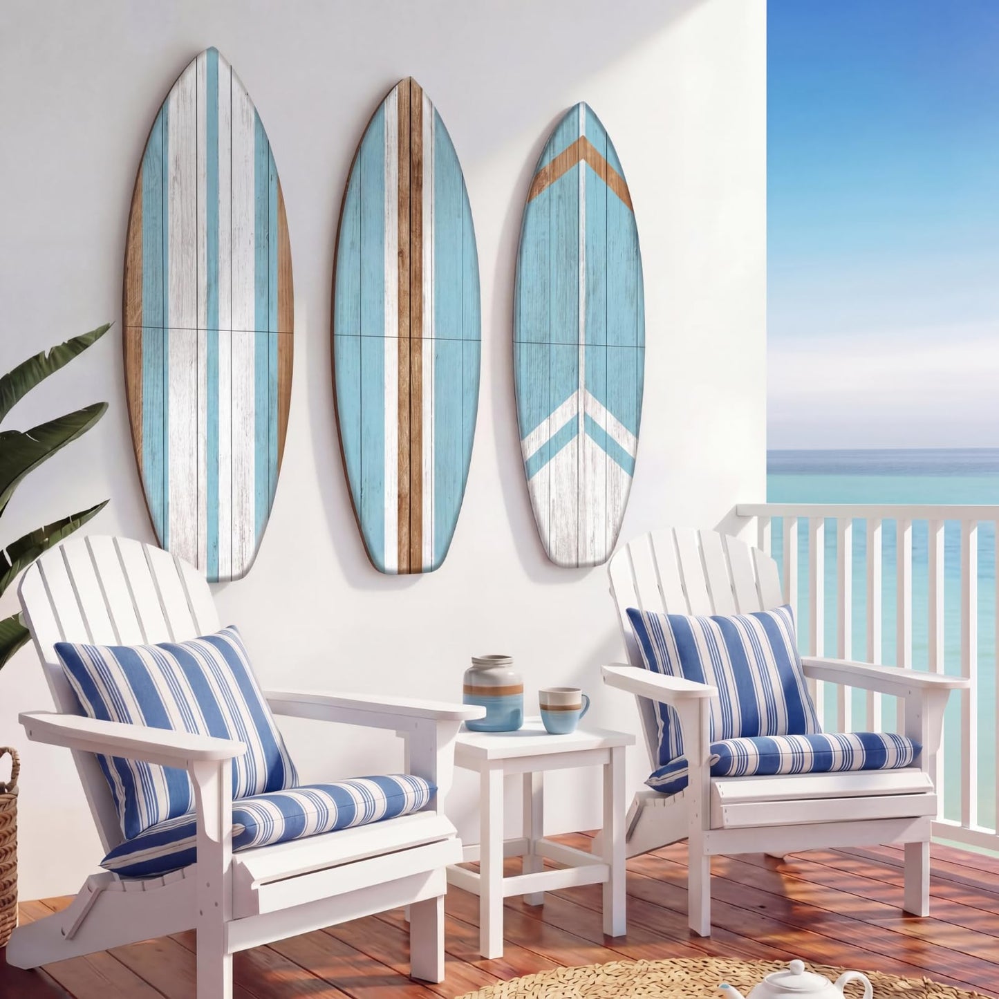 Yookeer 3 Pcs Surfboard Wall Decor,36" x 12" Large Wooden Surfboard Wall Art Set, Beach Room Decor Aesthetic Cute Beachy Tropical Surf Board Art for Surfer Bedroom Decoration(Blue,Cute)