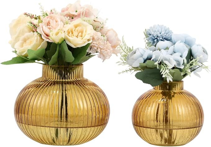 Amber Glass Vases for Tulips, Set of 2, Flower Vases for Bouquet, Ribbed Glass Vase for Flowers, Short Vase for Living Room, Office, Coffee Table, Shelf, Wedding