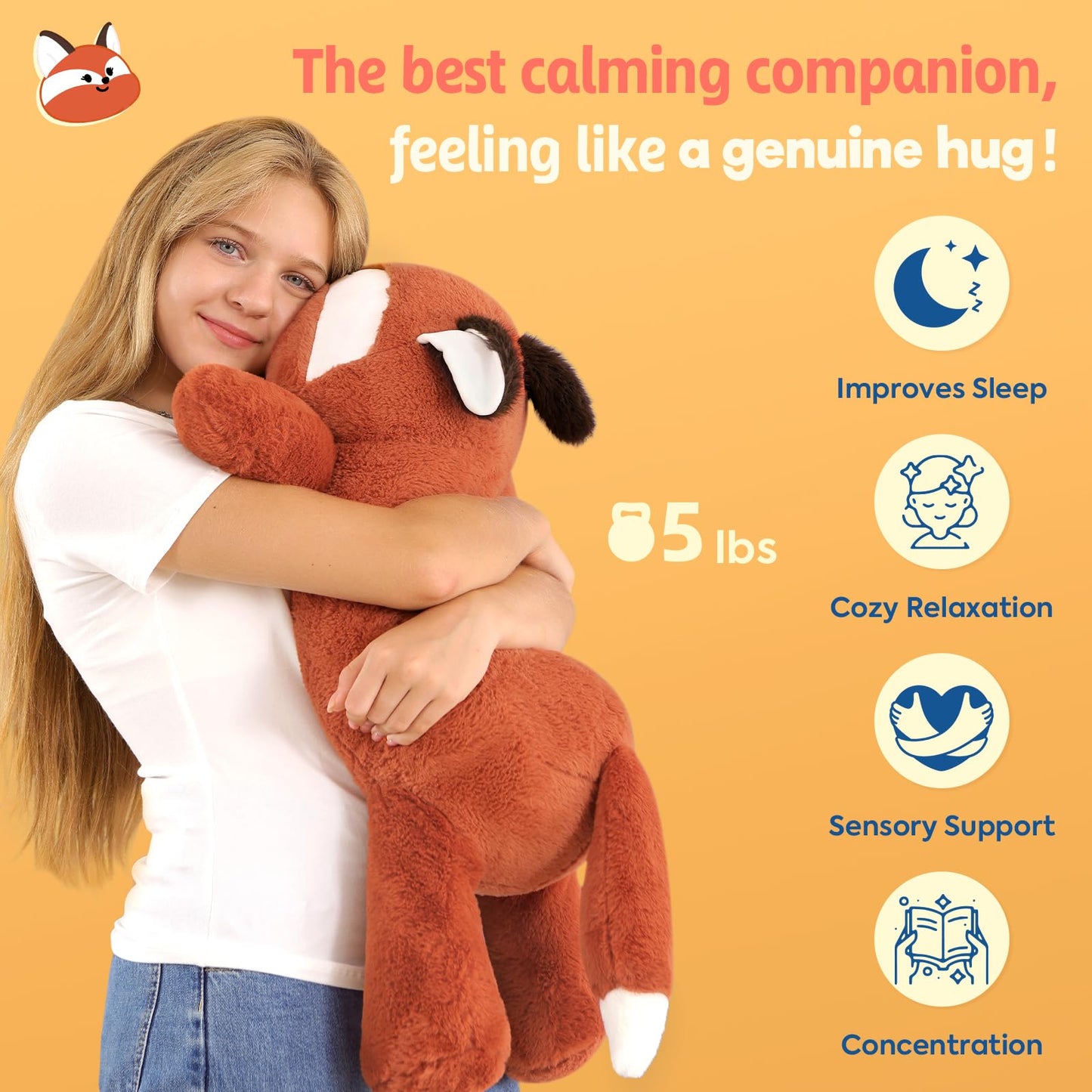 PEACH CAT 25.6 inch 5 lbs Fox Weighted Stuffed Animals Large Weighted Plush Soft Plushies Toys Body Pillow Gifts for Kids Adults