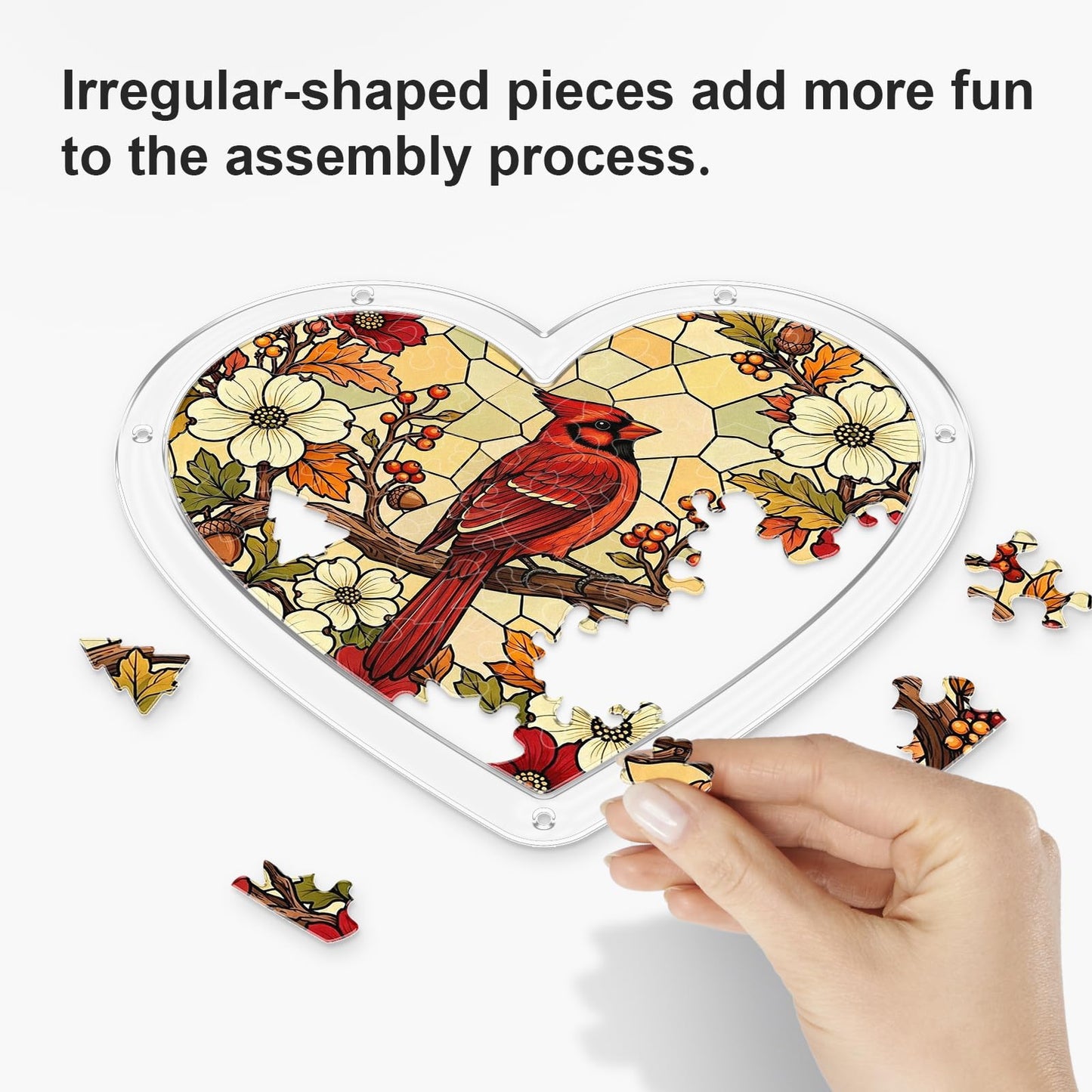 UNIQGIFTS Acrylic Puzzle Suncatcher, Cardinal Heart Sun Catchers Puzzle for Window Hanging, DIY Craft Puzzles for Adults, Ideal Gift for Women, Men, Wife, Mom, Home & Garden Decor, 7.4 in