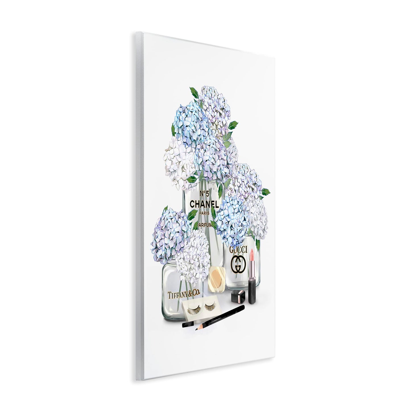 Stupell Industries 'Glam White Blue Hydrangeas Designer Perfume Bottles Lipstick Illustration', Wall Plaque Art, 10 x 15 Inches, Easy to Hang and Sturdy, Made in USA, by Ziwei Li