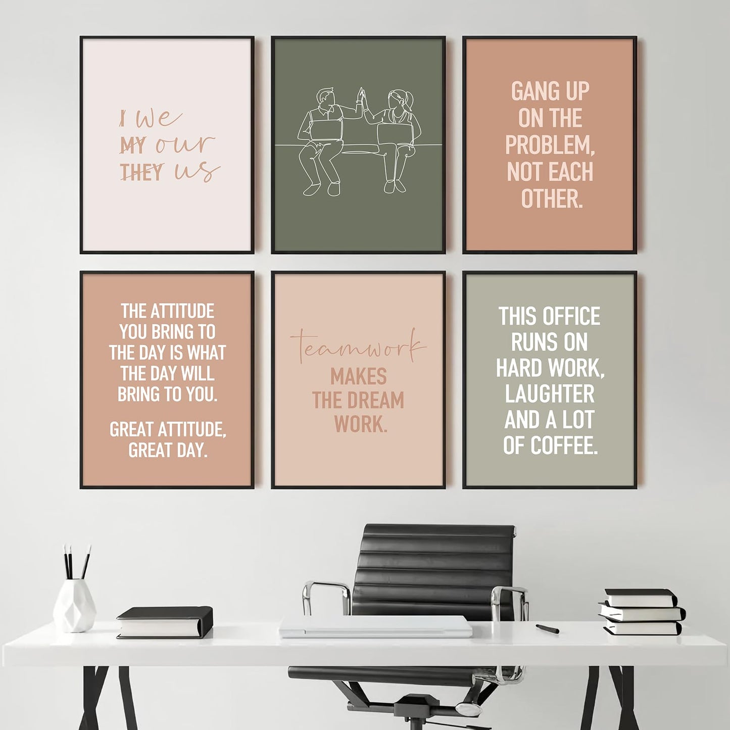 6Pcs Inspirational Office Wall Art Teamwork Motivational Wall Decor Positive Affirmations Uplifting Quotes Canvas Posters prints for Bedroom Office Workplace Home Decoration 8x10in Unframed