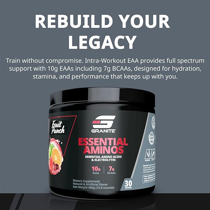 Granite Essential Amino Acids Powder for Muscle Recovery and Growth with 10g EAAs and 7g BCAAs - Soy-Free, Gluten-Free, 448g (30 Servings), Fruit Punch Flavor