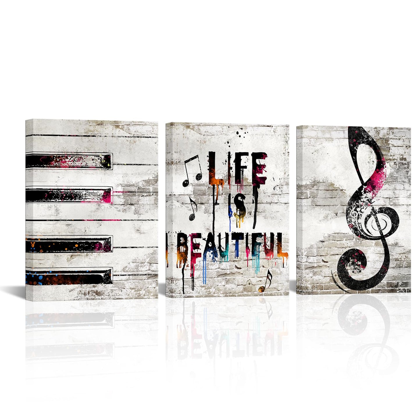 iHAPPYWALL 3 Pieces Music Canvas Wall Art Piano Keys with Musical Note Picture Painting Life is Beautiful Quote Canvas Prints Framed Home Decor
